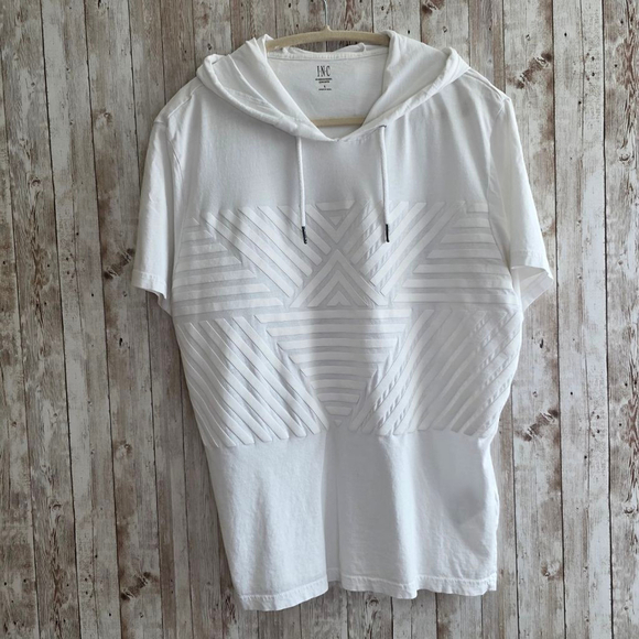 Men's INC International Concepts White Textured Short Sleeve Hoodie Tshirt L - Picture 1 of 5